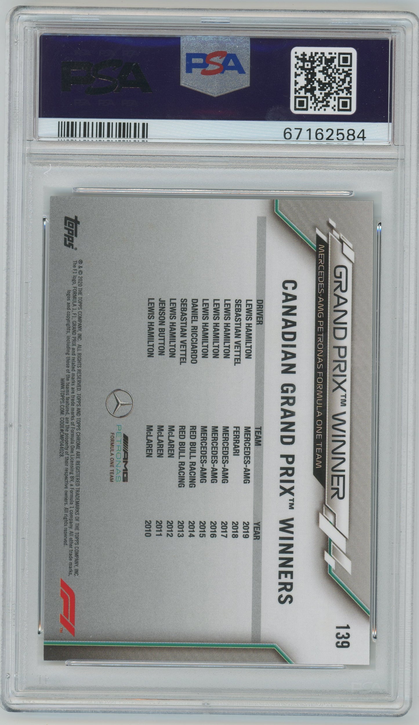 2020 Topps Chrome Formula 1 Lewis Hamilton #139 PSA 10