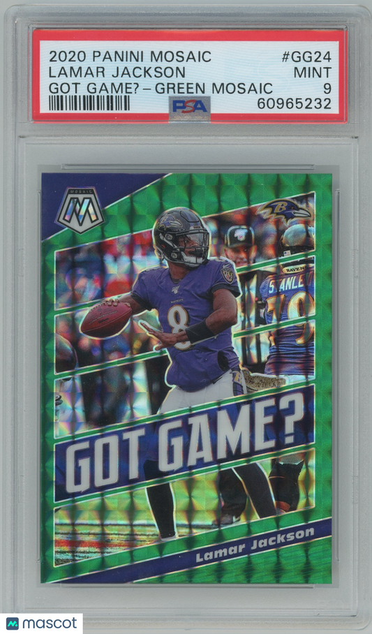 2020 Panini Green Mosaic Got Game? #GG24 Lamar Jackson Ravens PSA 9 MINT