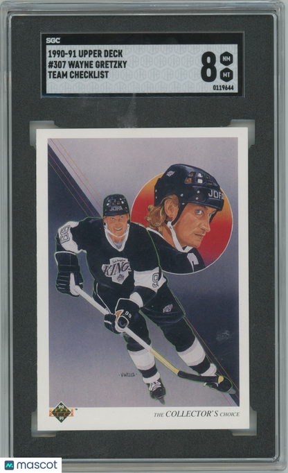 1990-91 Upper Deck Team Checklist #307 Wayne Gretzky Kings HOF SGC 8