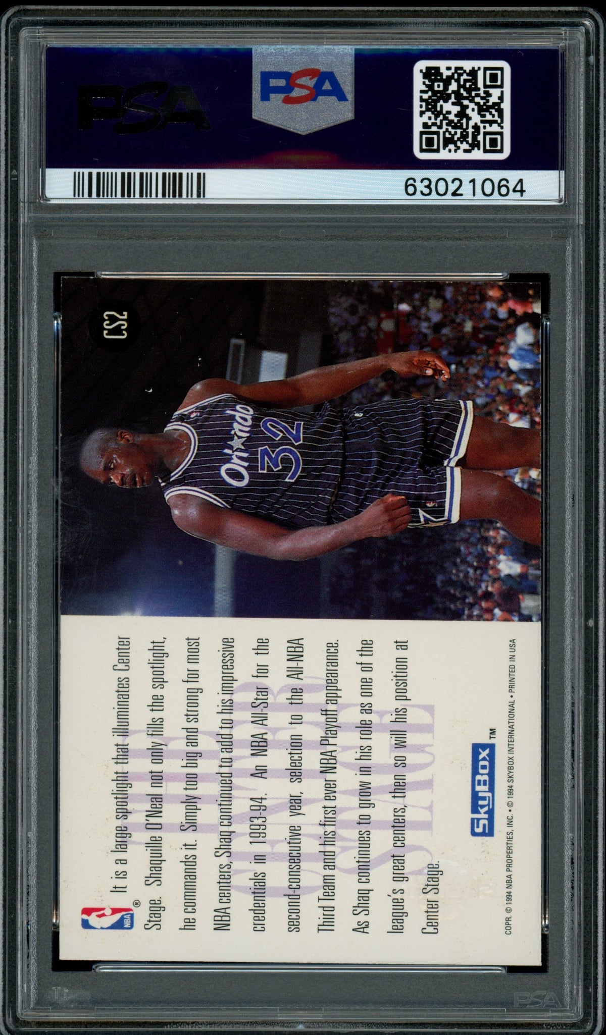 1994 Skybox Premium - Shaquille O'Neal #CS2 - Center Stage - PSA 8