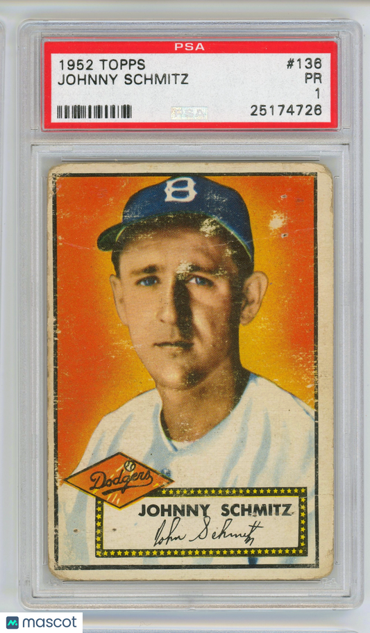 1952 Topps MLB Baseball - Johnny Schmitz #136 - Brooklyn Dodgers - PSA 1