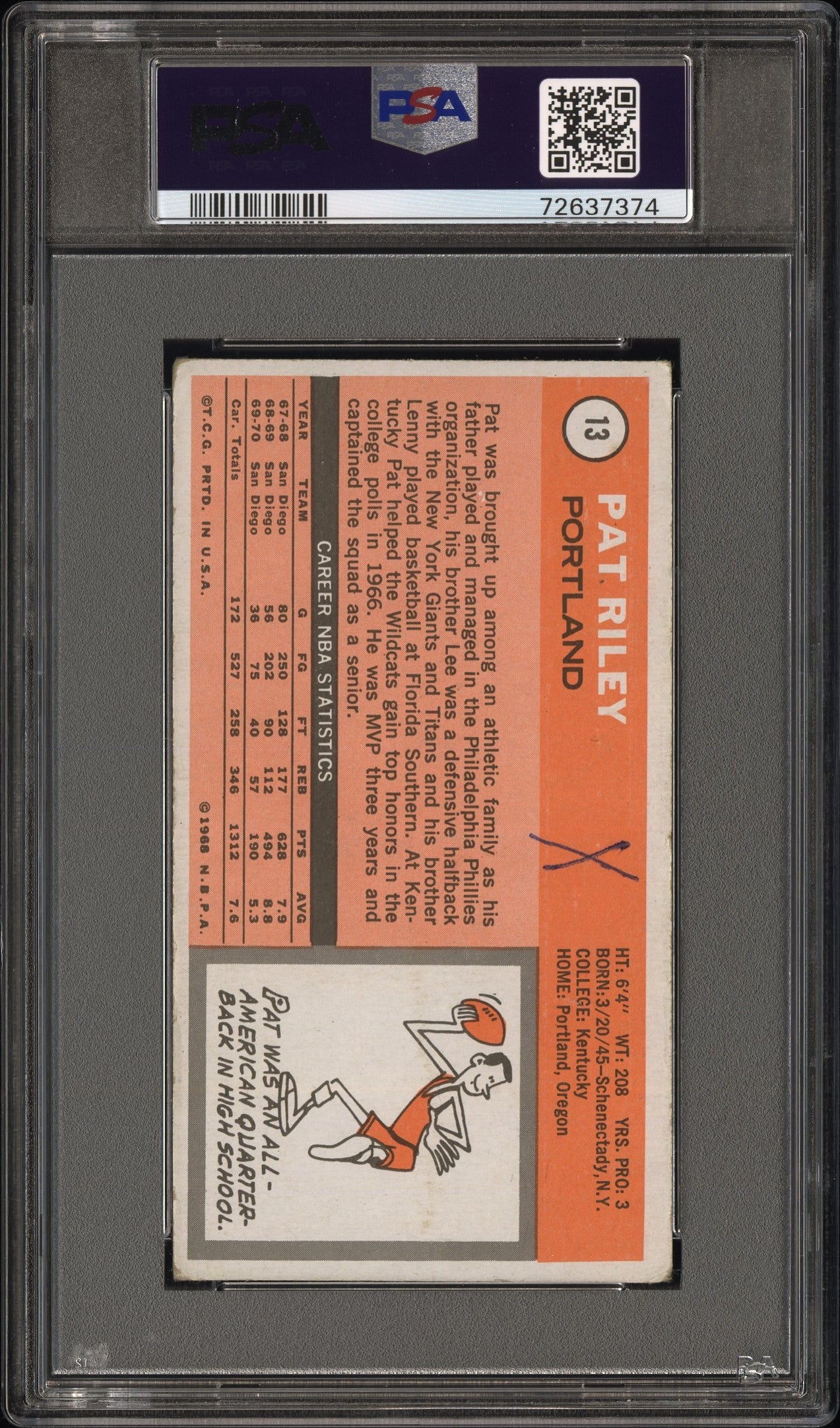 1970-71 Topps Basketball #13 Pat Riley Portland RC - ROOKIE - HOF - PSA