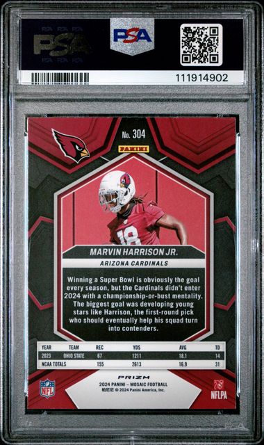 2024 Panini - Green Mosaic Prizm - Marvin Harrison Jr - Cardinals ROOKIE - PSA