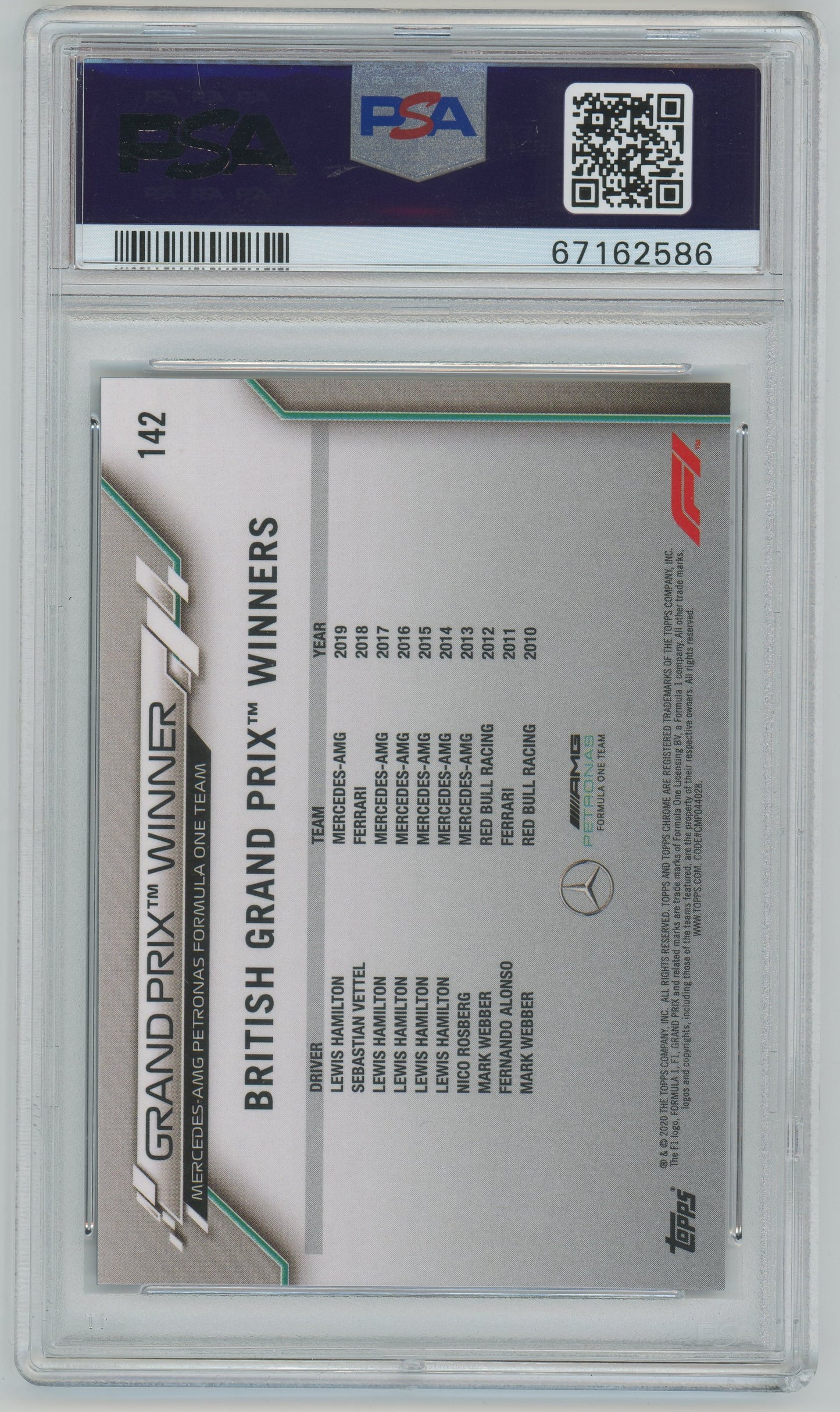 2020 Topps Chrome Formula 1 Lewis Hamilton #142 PSA 10
