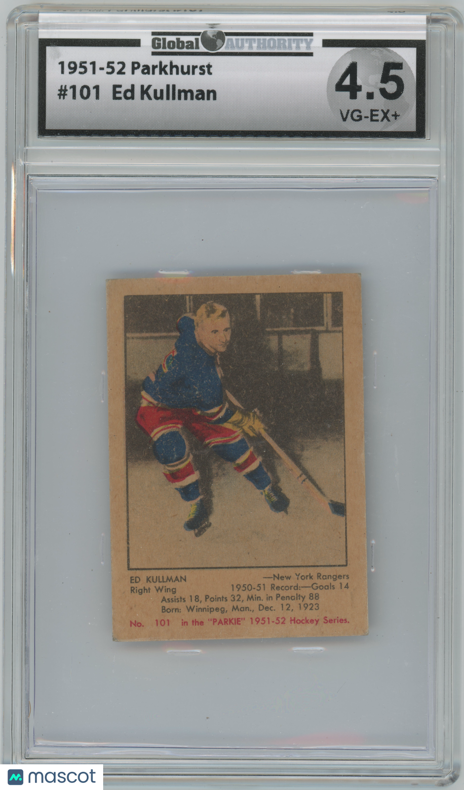 1951-52 Parkhurst Hockey - Ed Kullman #101 - NY Rangers - Global Authority 4.5