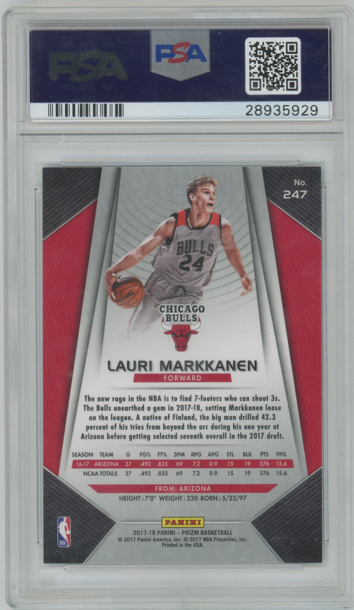 2017 Panini Prizm - Lauri Markkanen #247 - ROOKIE - PSA 10