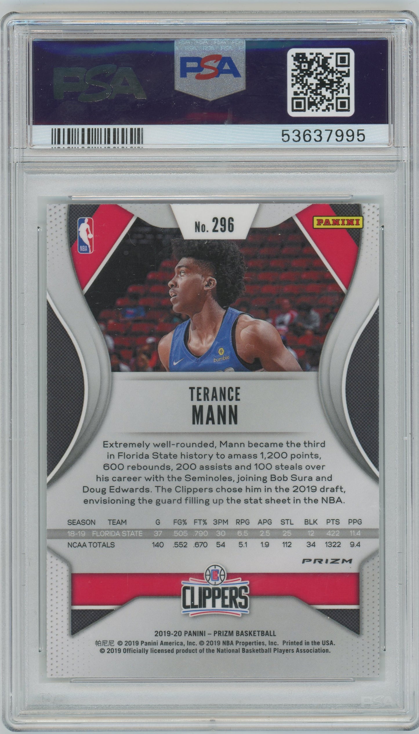 2019 Panini Prizm Terance Mann #296 PSA 10 - Silver ROOKIE - PSA 10