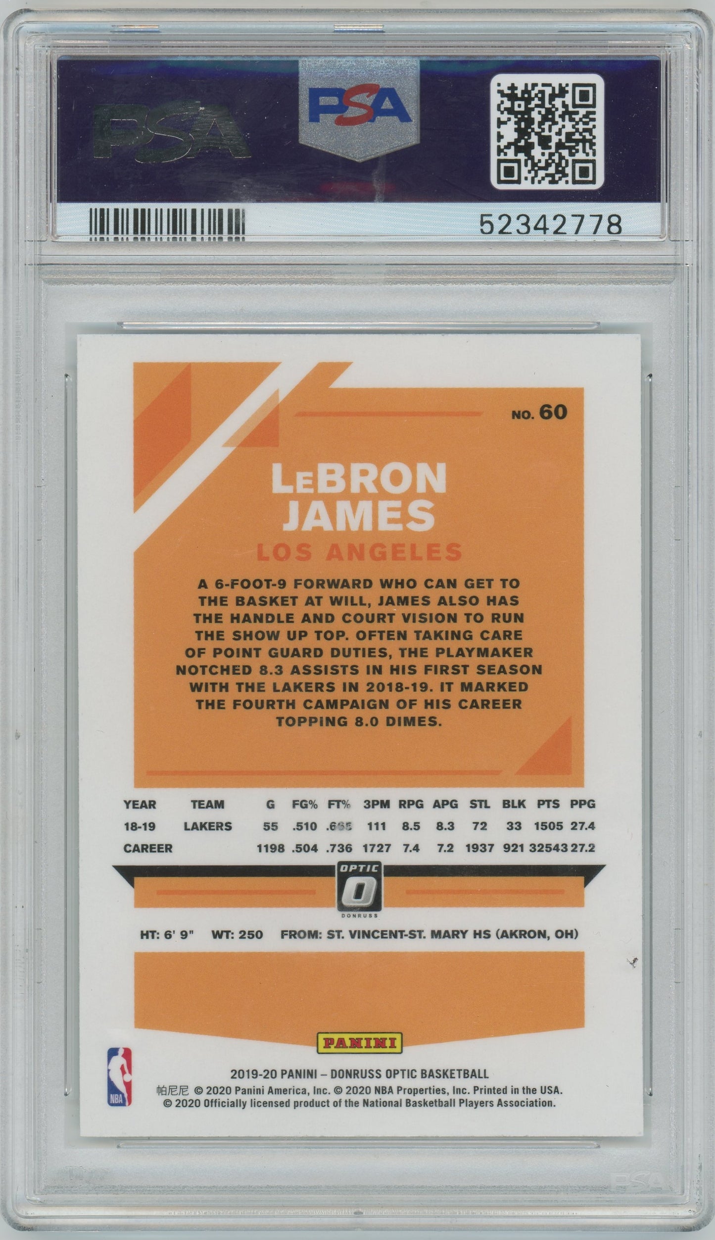2019 Panini Donruss Optic LeBron James #60 PSA 10