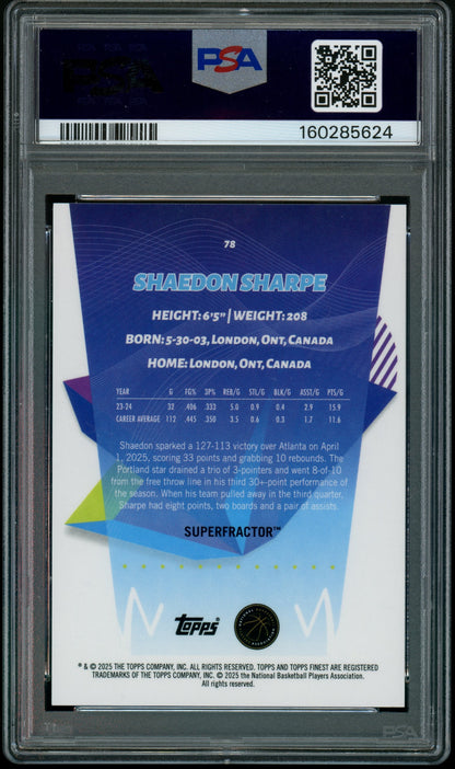 2024 Topps Finest - Shaedon Sharpe - Superfractor 1/1 - PSA - SUPERFRACTOR 1/1
