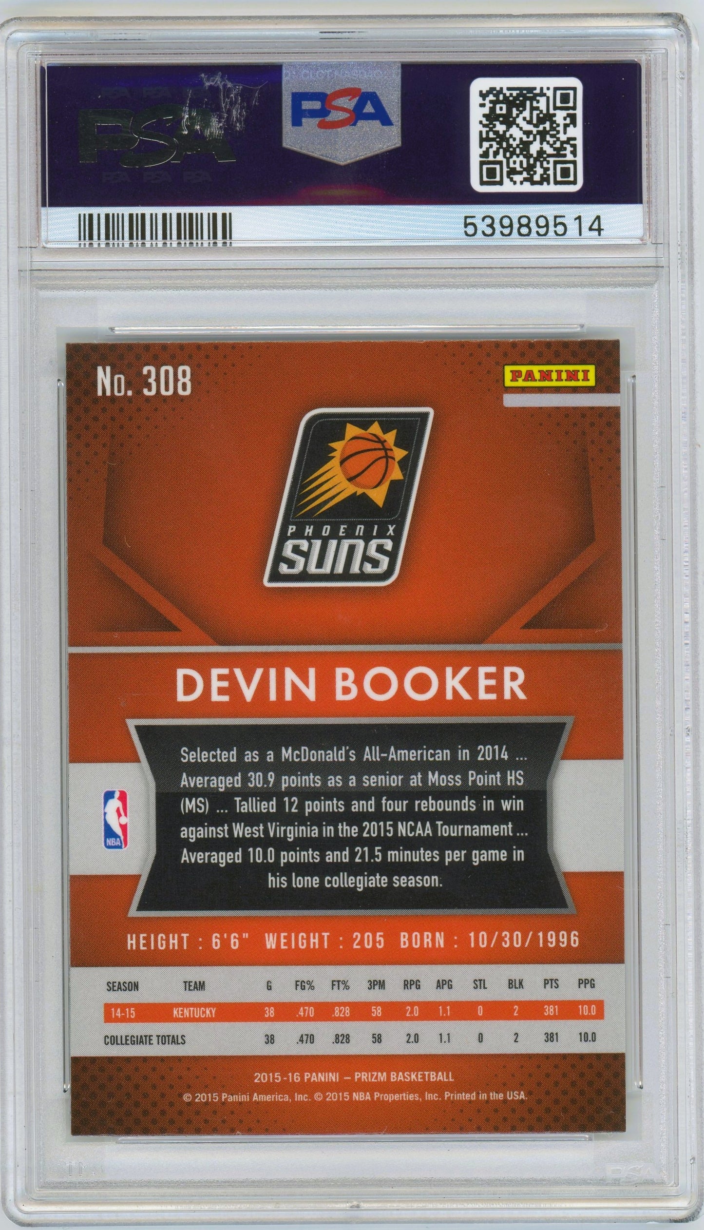 2015 Panini Prizm Devin Booker ROOKIE #308 PSA 9