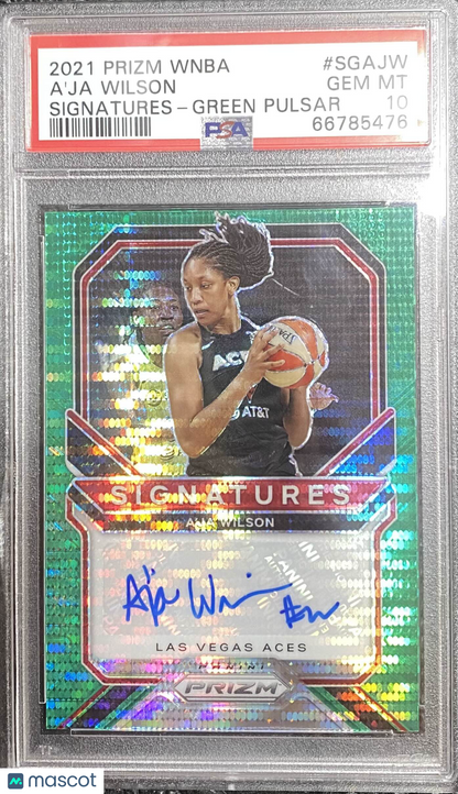 2021 Panini Prizm WNBA- A'ja Wilson - Signature - Green Pulsar AUTO /25 - PSA 10