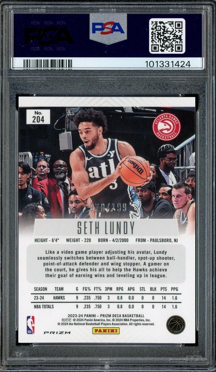 2023 Panini Red Prizm Deca #204 Seth Lundy Hawks RC Rookie 78/199 PSA 9 /199
