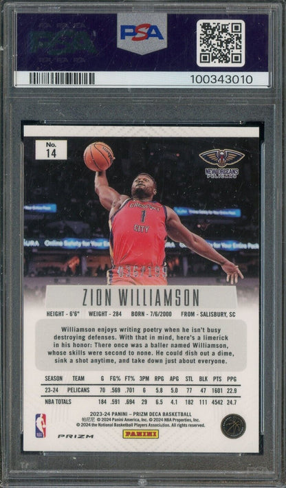 2023 Panini Red Prizm Deca #14 Zion Williamson Pelicans 36/199 PSA 9 MINT /199