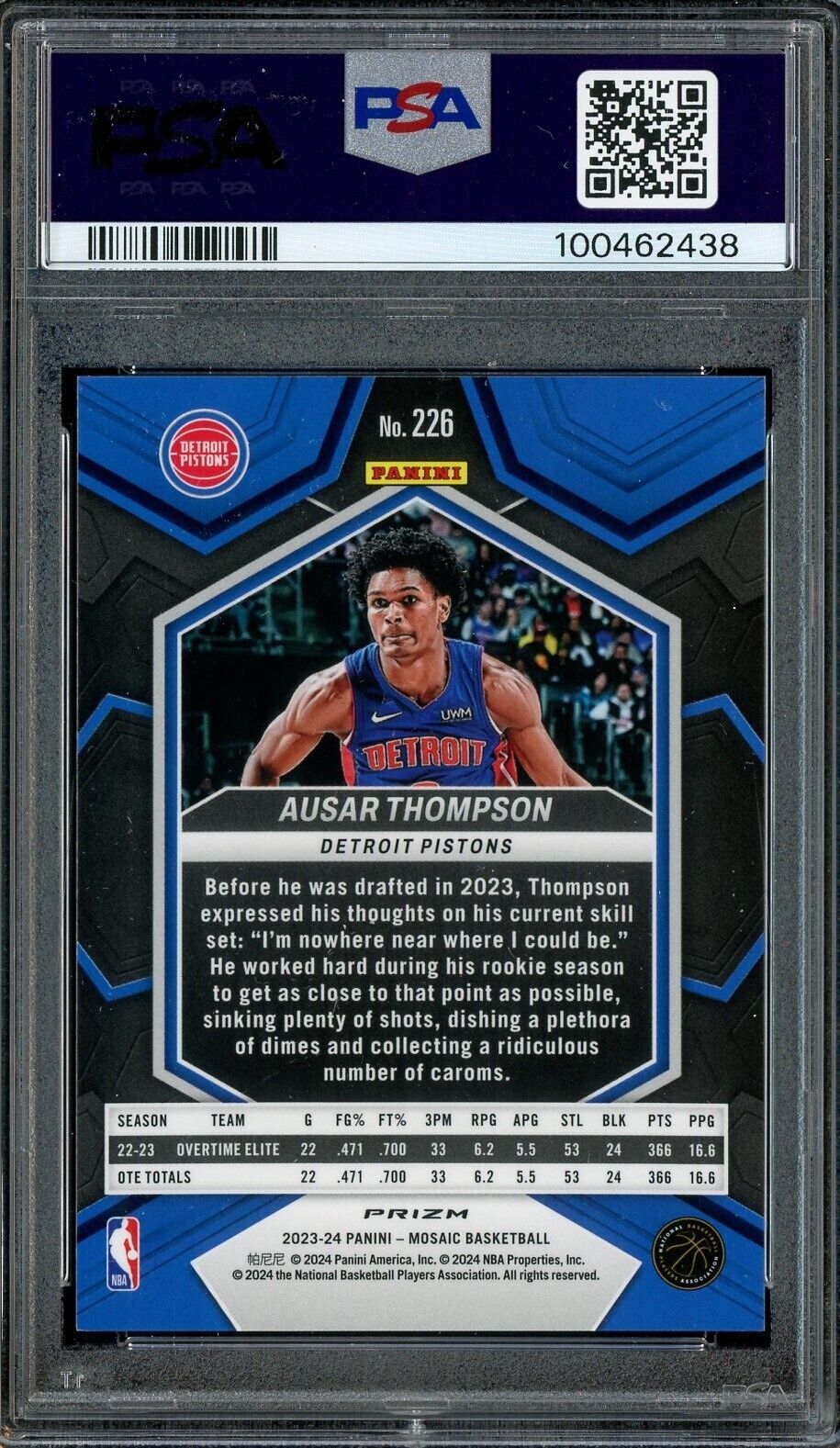 2023-24 Panini Mosaic #226 Ausar Thompson Red & Green Choice RC Rookie PSA 10