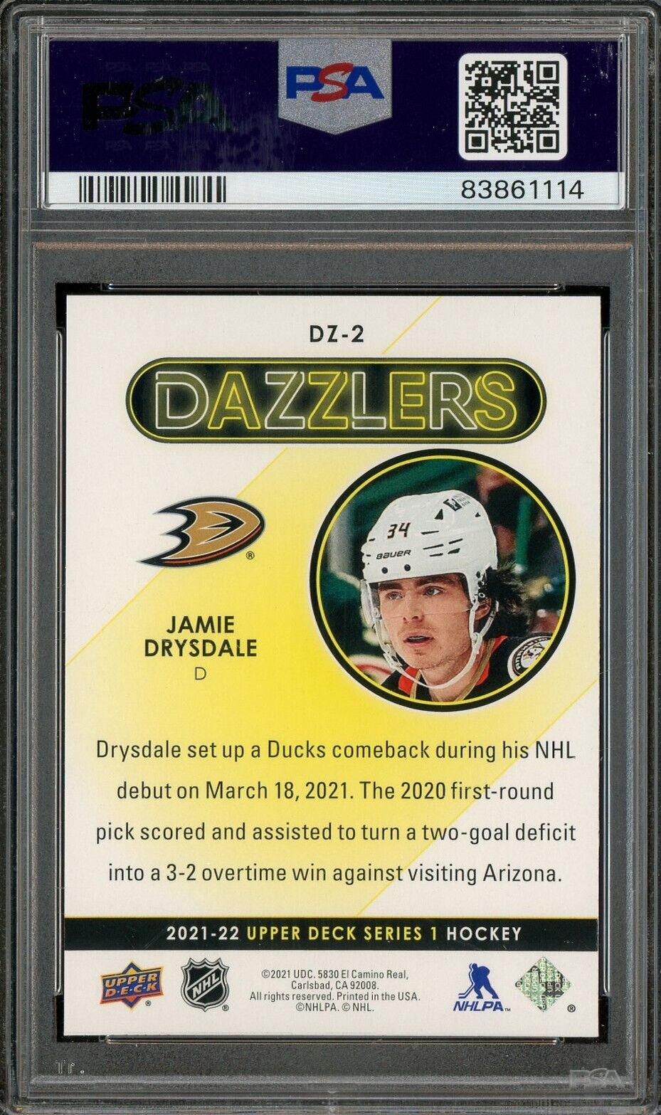 2021 UD Hockey Dazzlers Red #DZ2 Jamie Drysdale Ducks RC Rookie PSA 10