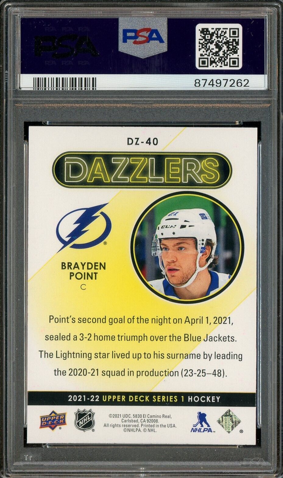 2021 UD Hockey Dazzlers Purple #DZ40 Brayden Point Lightning PSA 10 GEM MINT