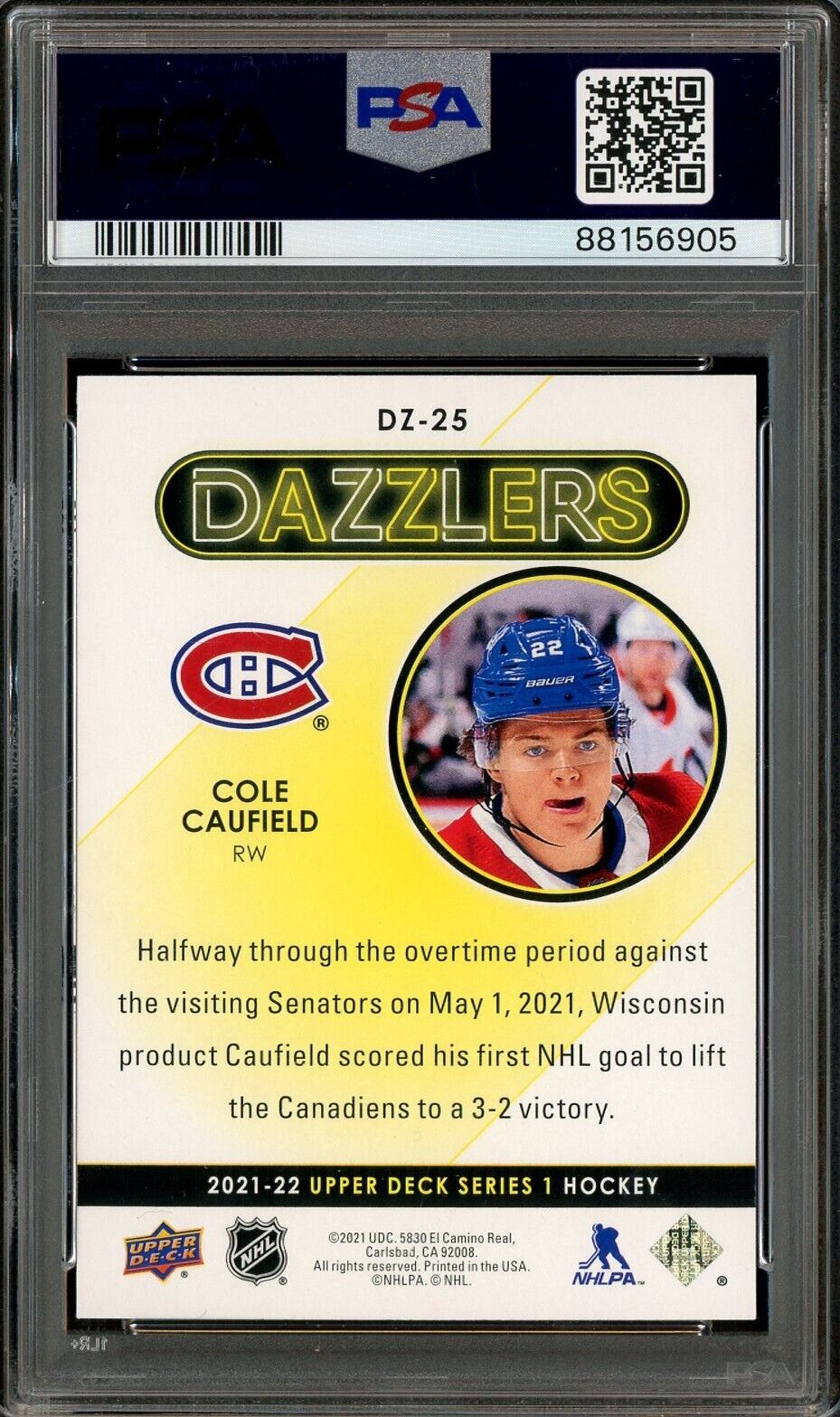 Auction #1 2021 UD Hockey Dazzlers Purple #DZ25 Cole Caufield RC Rookie PSA 10