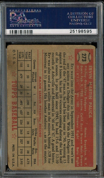 1952 Topps #273 Erv Palica Brooklyn Dodgers PSA 1 PR