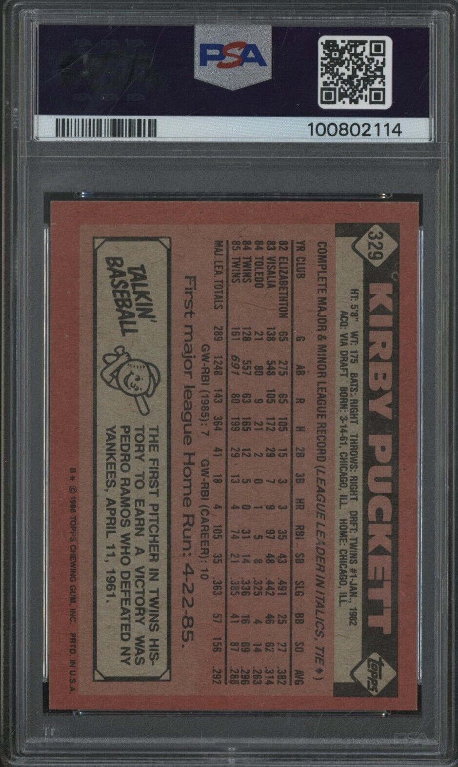 1986 Topps #329 Kirby Puckett Minnesota Twins HOF PSA 8 NM-MT