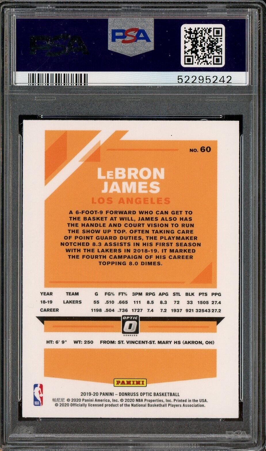 2019 Donruss Optic #60 LeBron James Los Angeles Lakers PSA 9 MINT