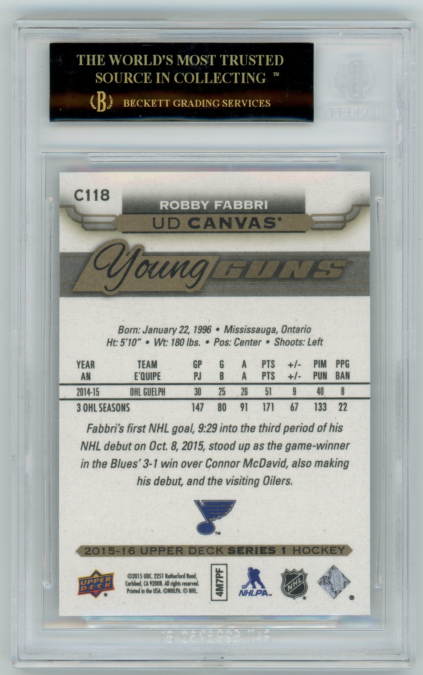 2015 Upper Deck-Robby Fabbri - YOUNG GUNS ROOKIE - PRISTINE BLACK LABEL - BGS 10
