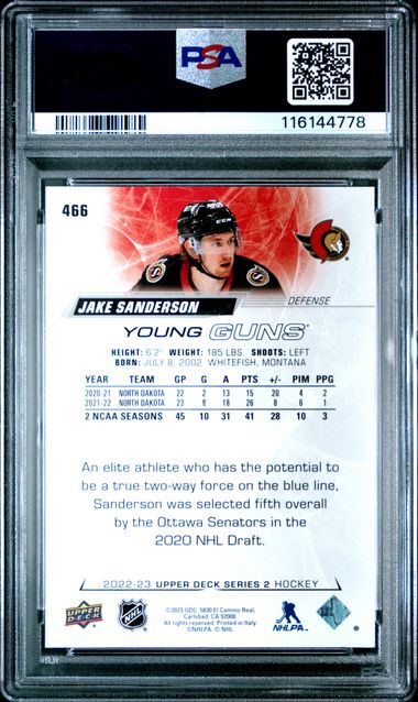 2022 Upper Deck Jake Sanderson #466 - YG Rookie - YOUNG GUNS ROOKIE - PSA