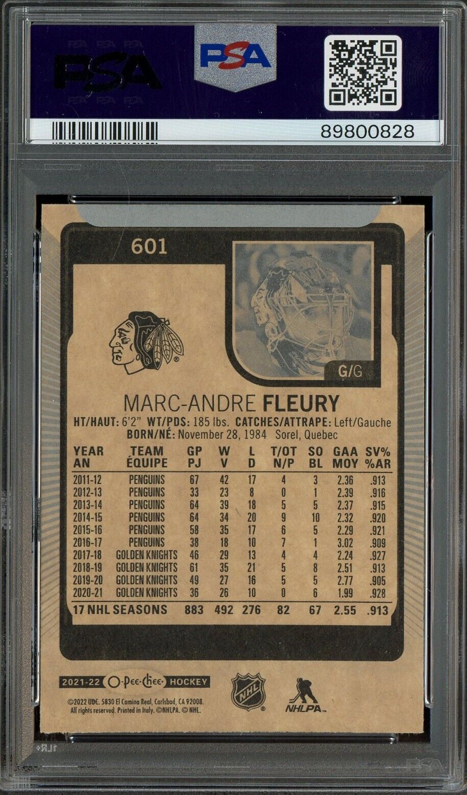 2021 O-PEE-CHEE OPC Update Hockey #601 Marc-Andre Fleury Black Hawks PSA 10