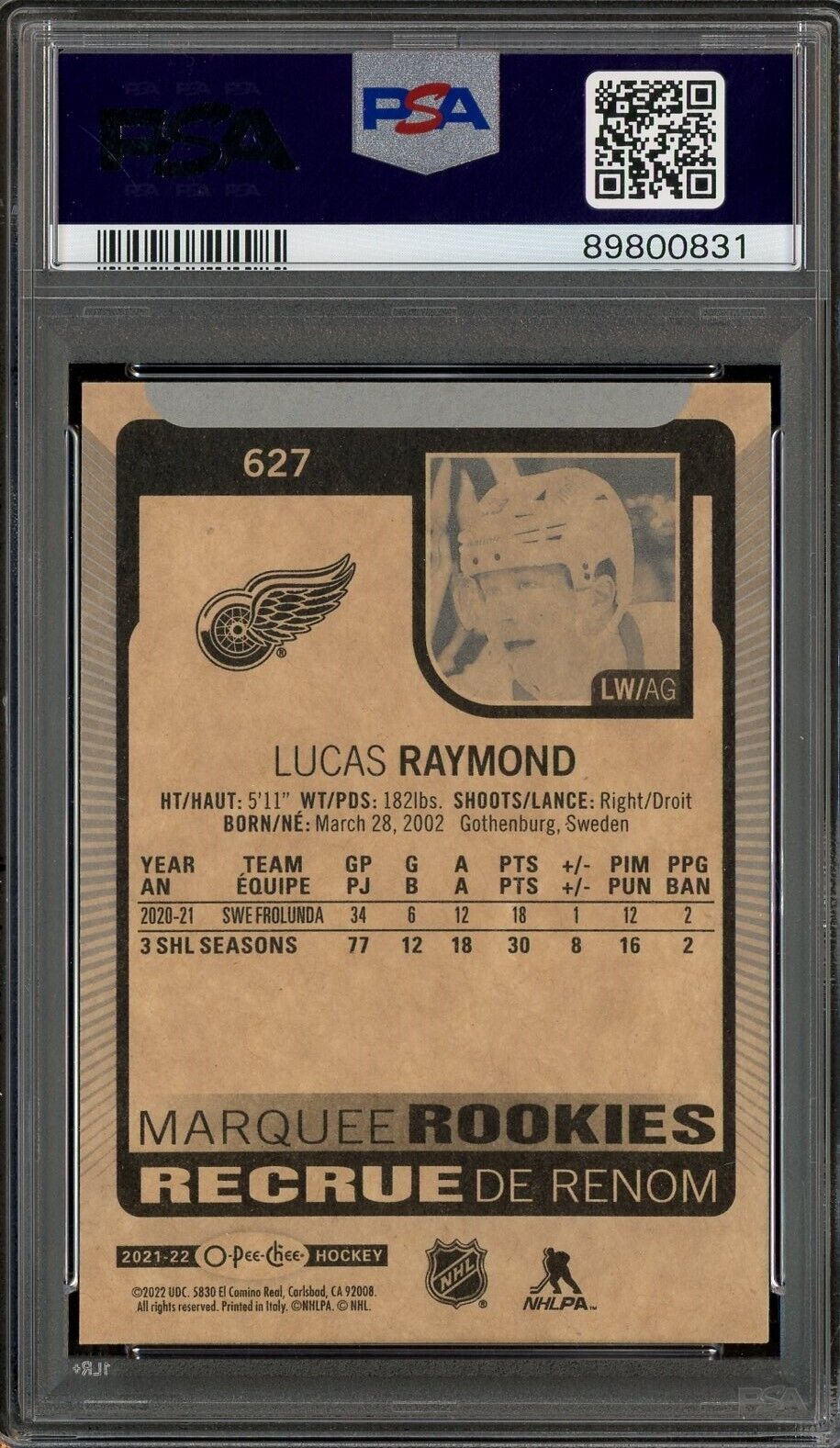 2021 O-PEE-CHEE OPC Update Hockey #627 Lucas Raymond RC ROOKIE PSA 10