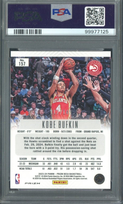 2023 Panini Blue Prizm Deca #157 Kobe Bufkin Hawks RC Rookie 112/149 PSA 9