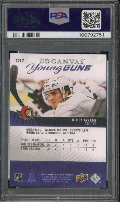 2023 Upper Deck UD Canvas Hockey Young Guns #C97 Ridly Greig RC Rookie PSA 8
