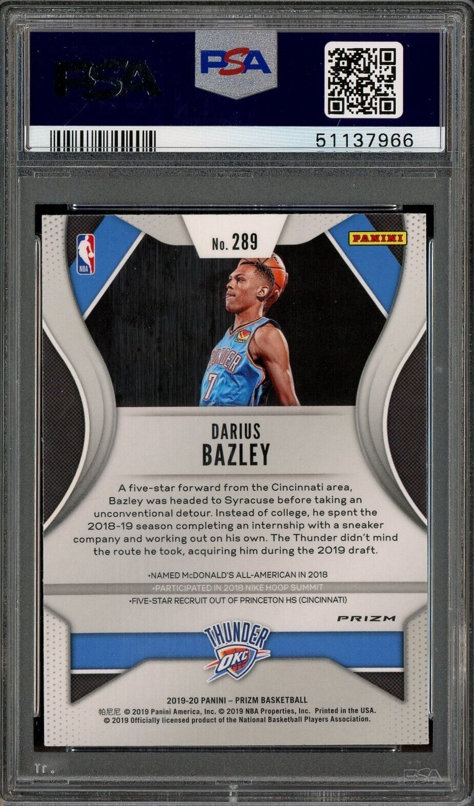 2019 Panini Choice Blue Yellow Green Prizm #289 Darius Bazley RC Rookie PSA 10