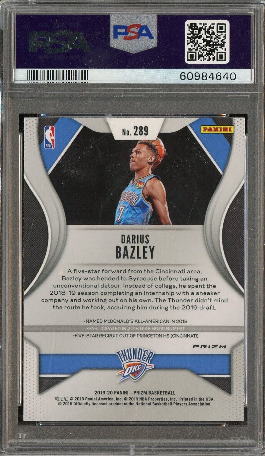 2019 Panini Choice Blue Yellow Greem Prizm #289 Darius Bazley RC Rookie PSA 9