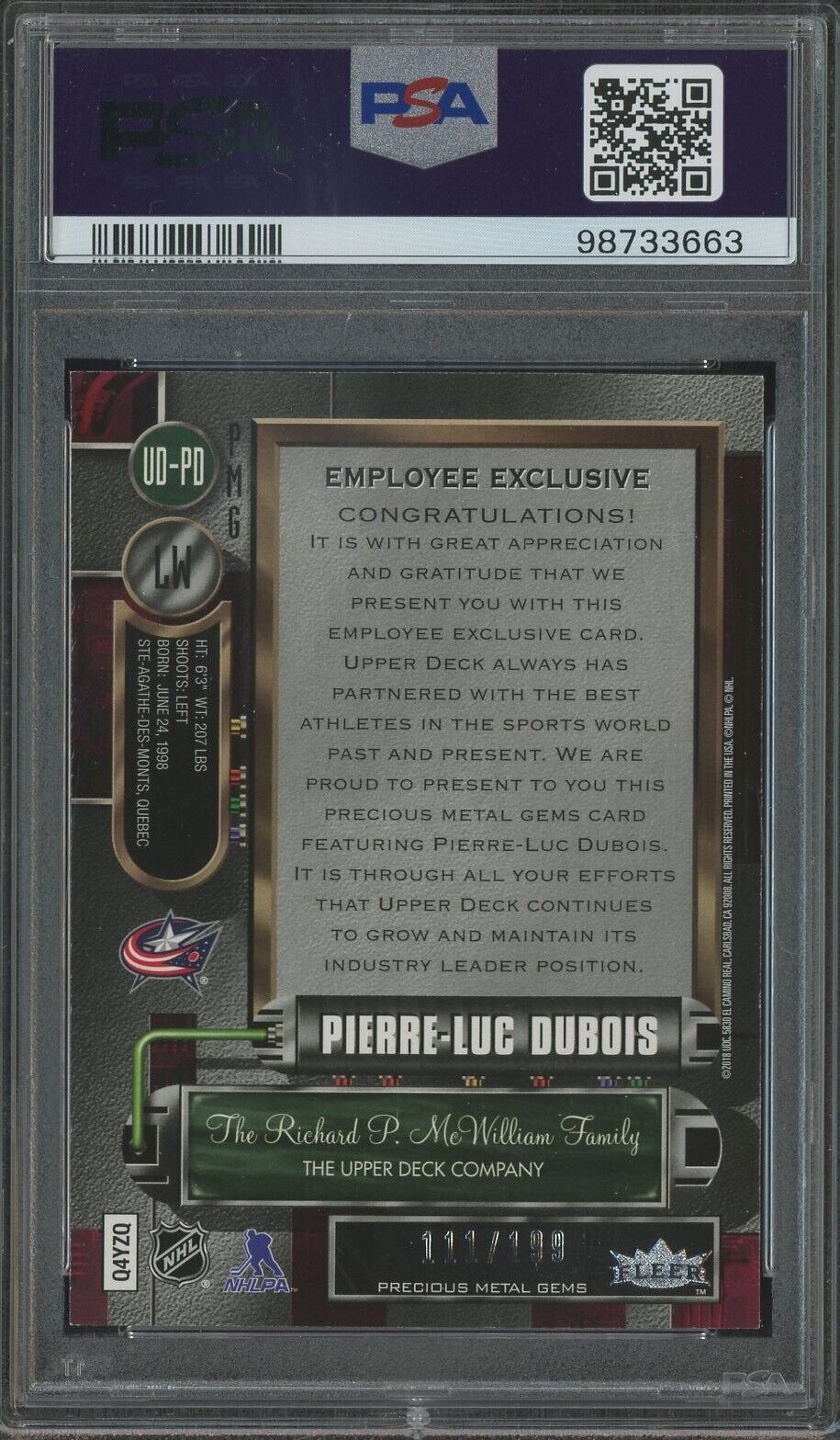 2017 Upper Deck Employee Exclusive Precious Metal-Purple Pierre-Luc Dubois PSA