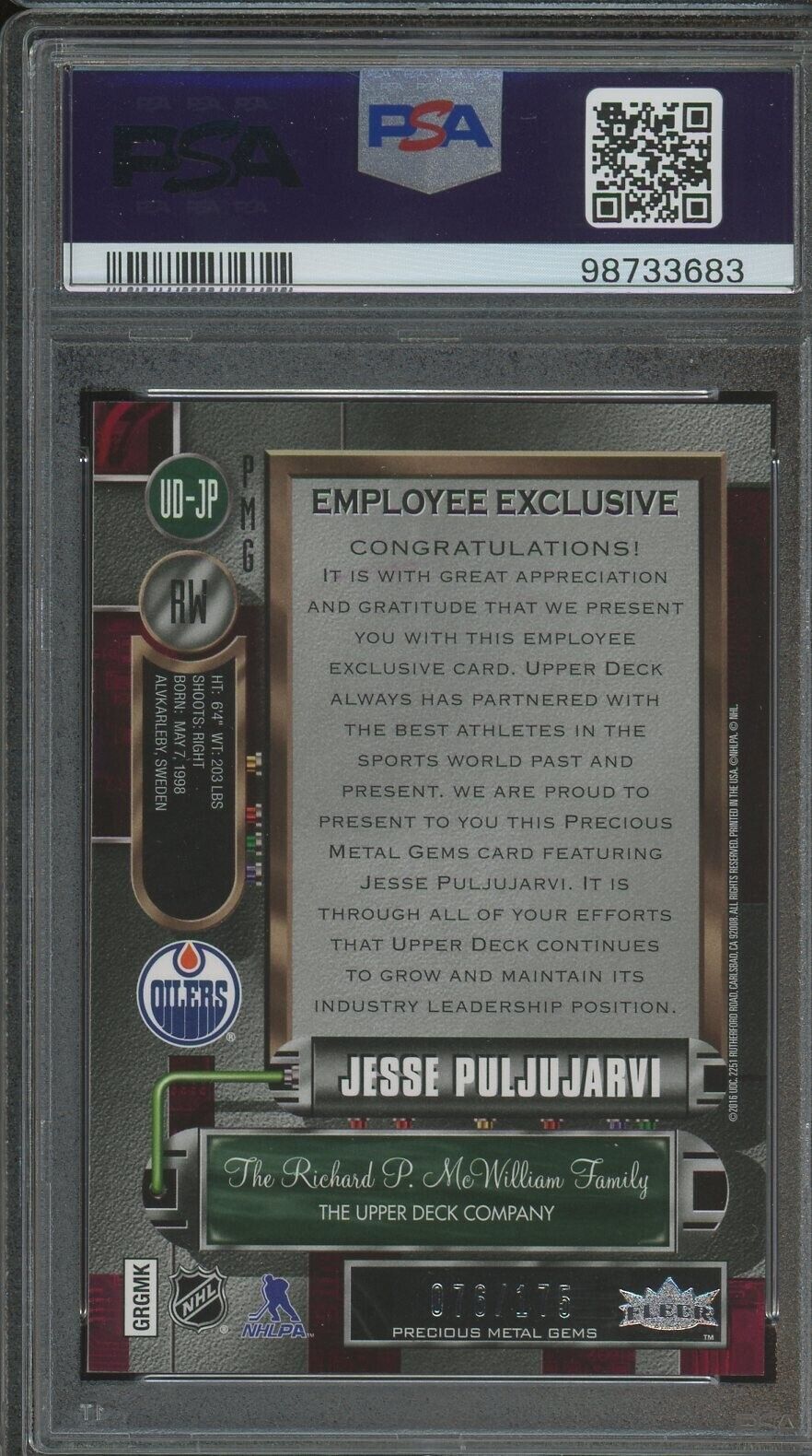 2016 Upper Deck Employee Exclusive Precious Metal-Purple Jesse Puljujarvi PSA 9