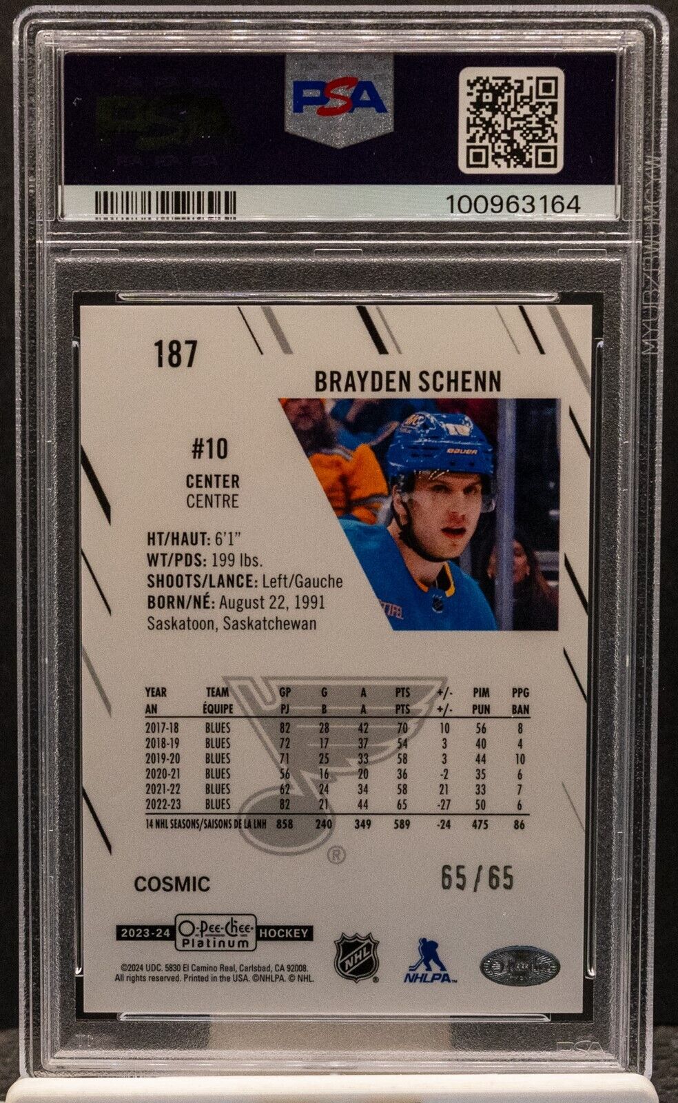 Brayden Schenn 2023 OPC Platinum 187 Cosmic 65/65 PSA  Blues - /65