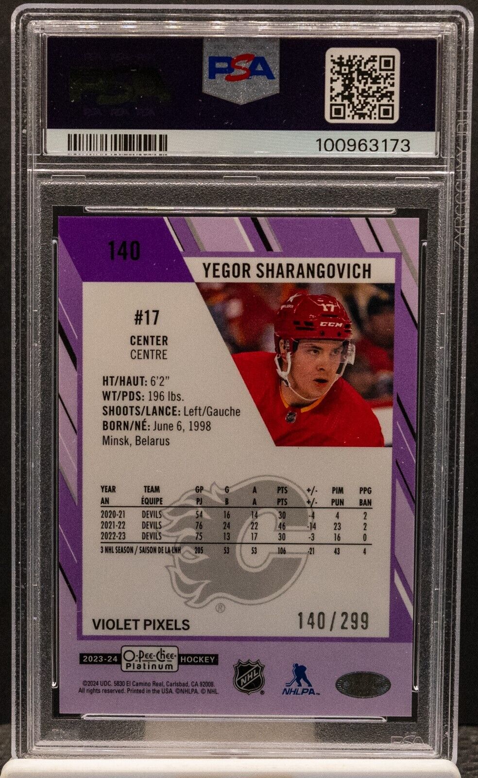 3173 Yegor Sharangovich 2023 OPC Platinum 140 Violet Pixels 140/299 PSA - /299