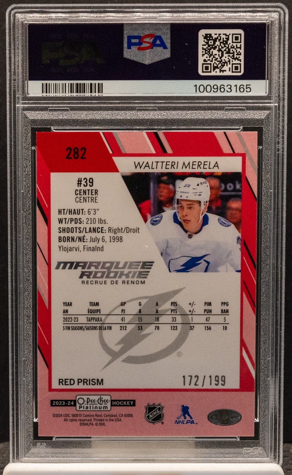 Waltteri Merela 2023 O-Pee-Chee Platinum Red Prism Marquee Rookie RC /199 PSA