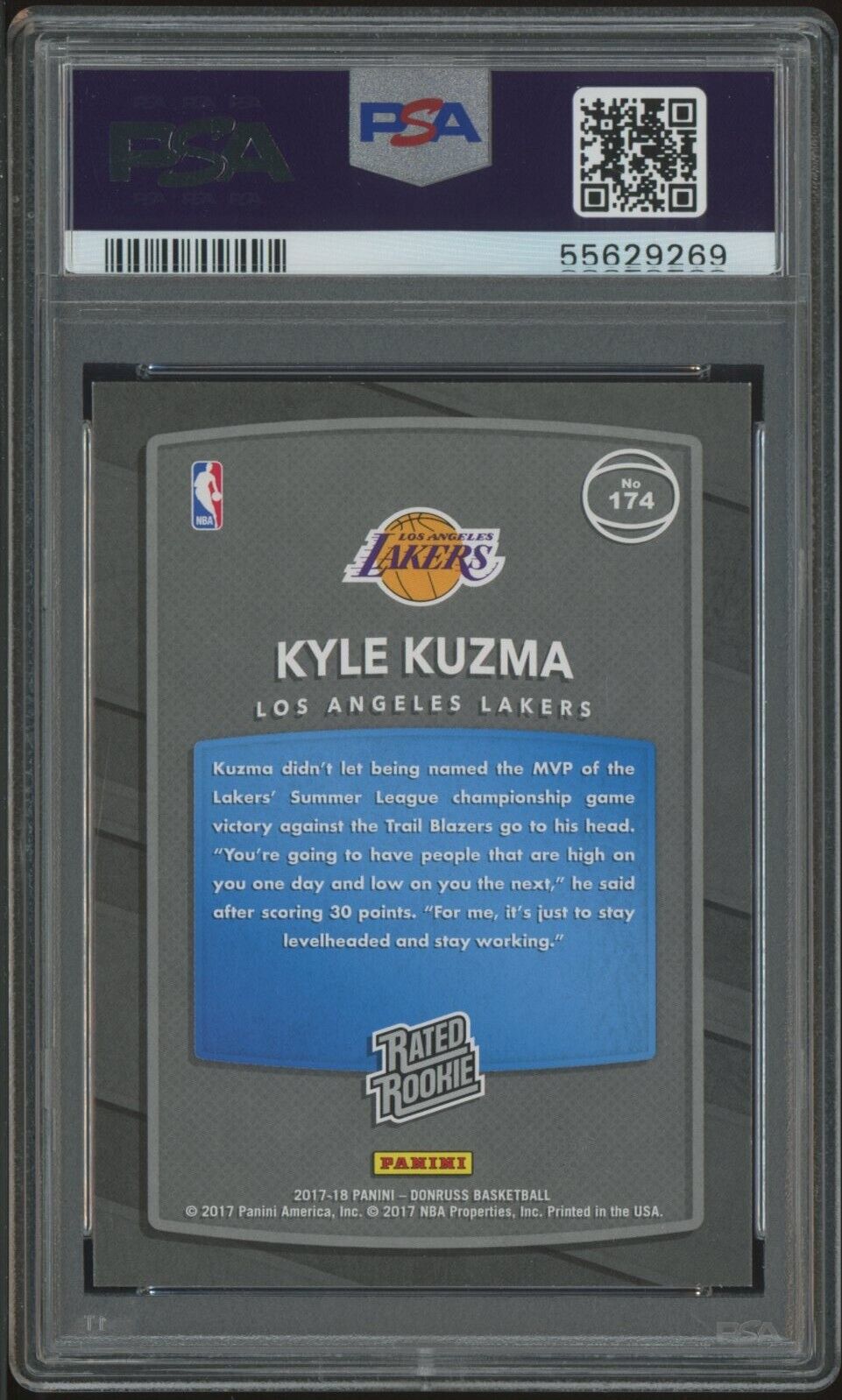 2017 Panini Donruss #174 Kyle Kuzma Lakers RC Rated Rookie PSA 9 - ROOKIE