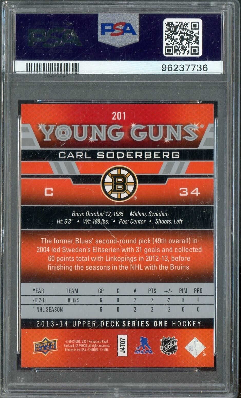 2013 Upper Deck Hockey Young Guns #201 Carl Soderberg RC Rookie PSA 9 ROOKIE