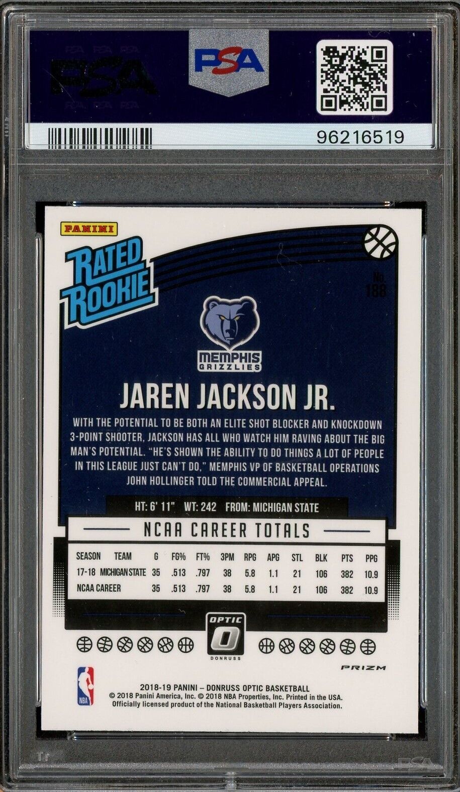 2018 Donruss Optic Shock Prizm #188 Jaren Jackson Jr. RC ROOKIE - PSA 9 - ROOKIE