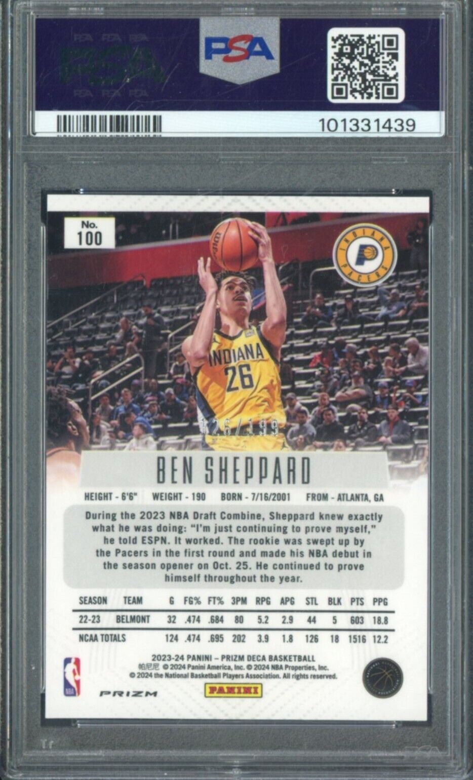 2023 Panini Red Prizm Deca #100 Ben Sheppard Pacers ROOKIE - /199 PSA 9 - /199