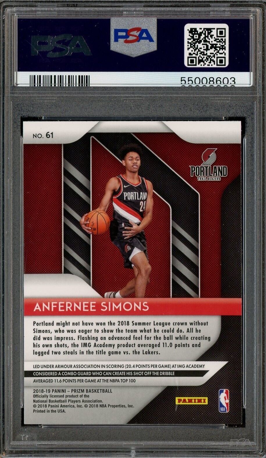 2018 Panini Prizm #61 Anfernee Simons Trail Blazers RC - Rookie - PSA 9 ROOKIE