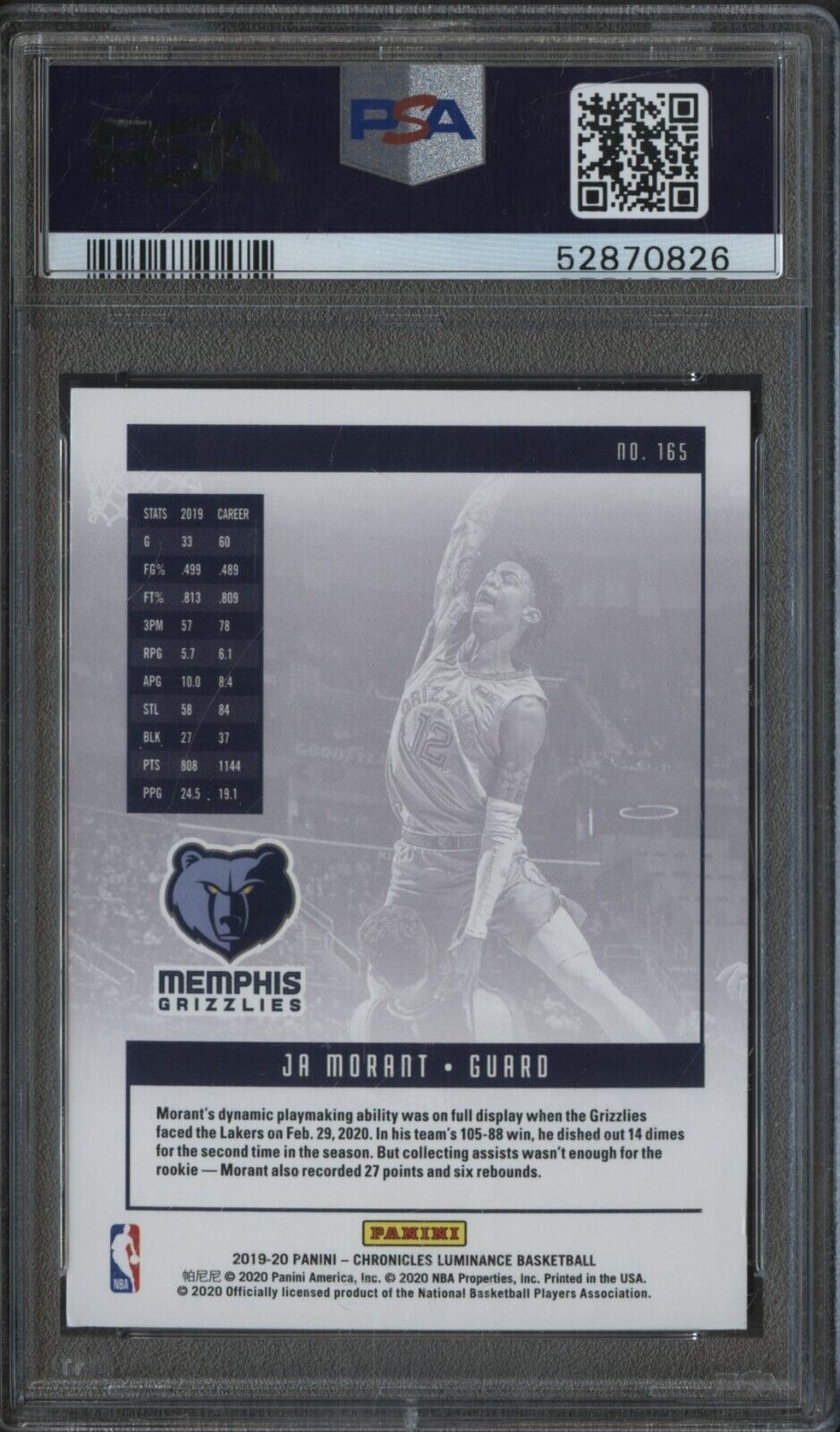 2019 Panini Chronicles #165 Ja Morant Memphis Grizzlies RC Rookie PSA 9 MINT