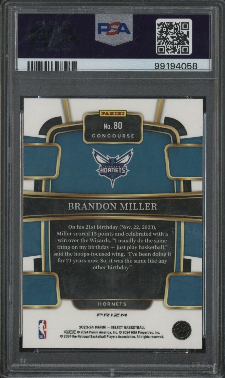2023 Select Tectonic #80 Brandon Miller Hornets RC ROOKIE PSA 9 - ROOKIE
