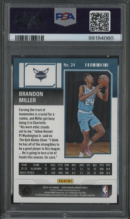 2023 Contender Bronze #24 Brandon Miller Hornets RC ROOKIE PSA - ROOKIE