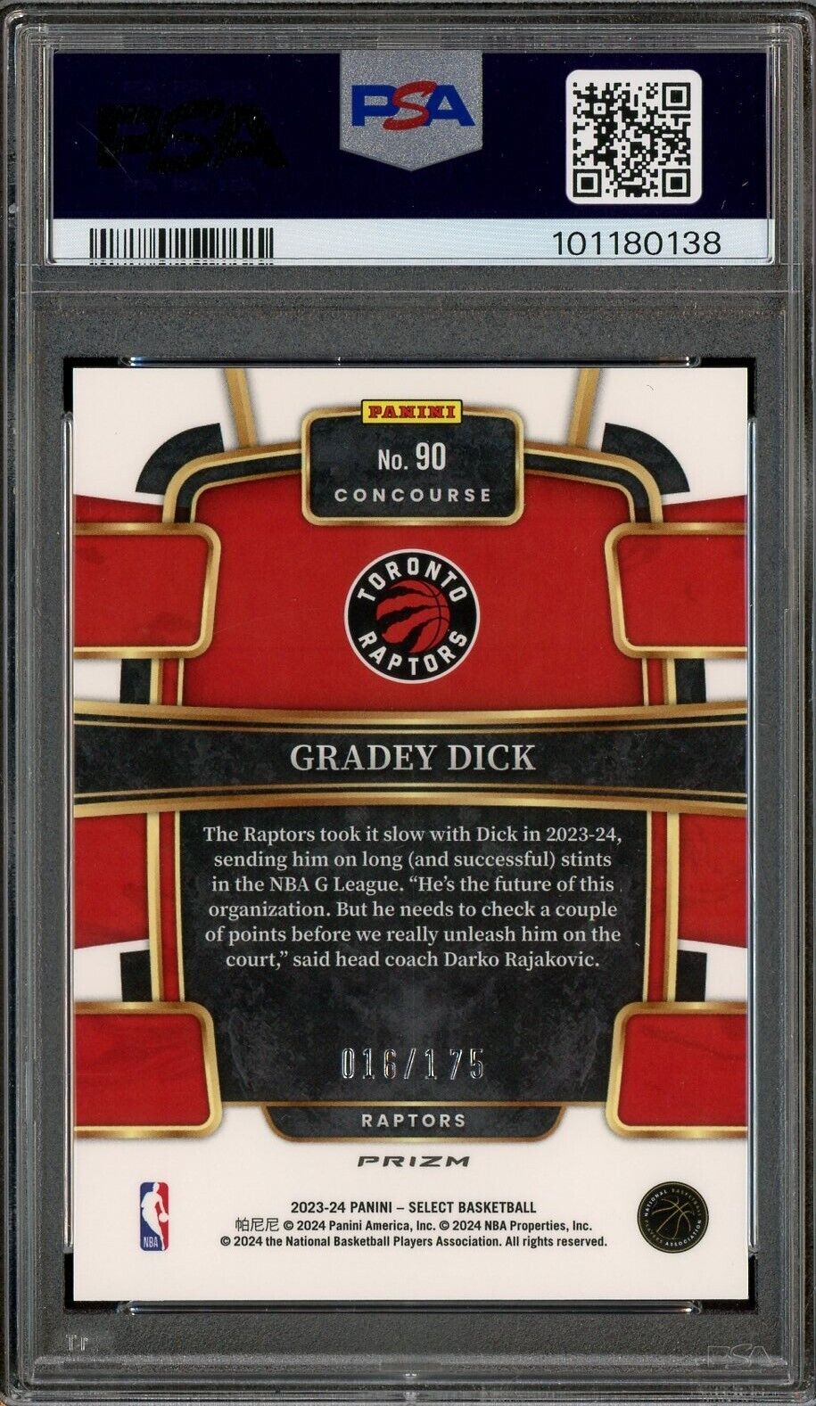 2023 Select Maroon Prizm #90 Gradey Dick Raptors RC ROOKIE 16/175 PSA 9 - /175