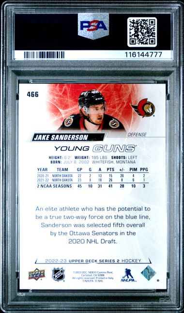 2022 Upper Deck - Jake Sanderson #466 - YG Rookie - YOUNG GUNS ROOKIE - PSA