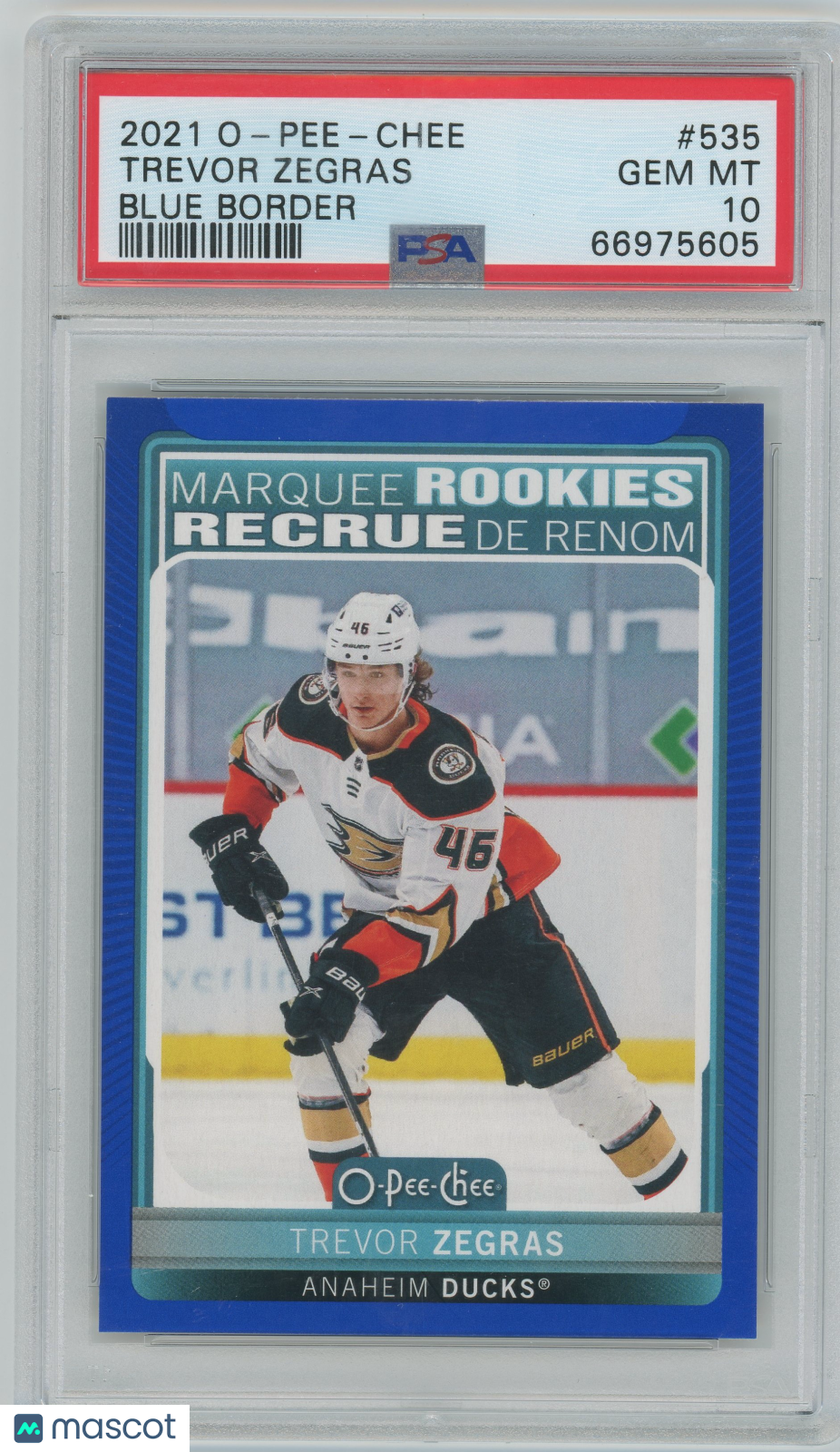 2021 O-Pee-Chee Trevor Zegras #535 Blue Border Marquee Rookie PSA 10