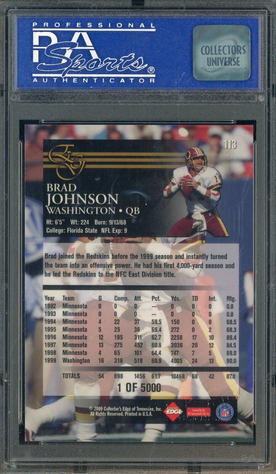 2000 Collector's Edge Graded Uncirculated Brad Johnson - /5000 PSA 10 - /5000