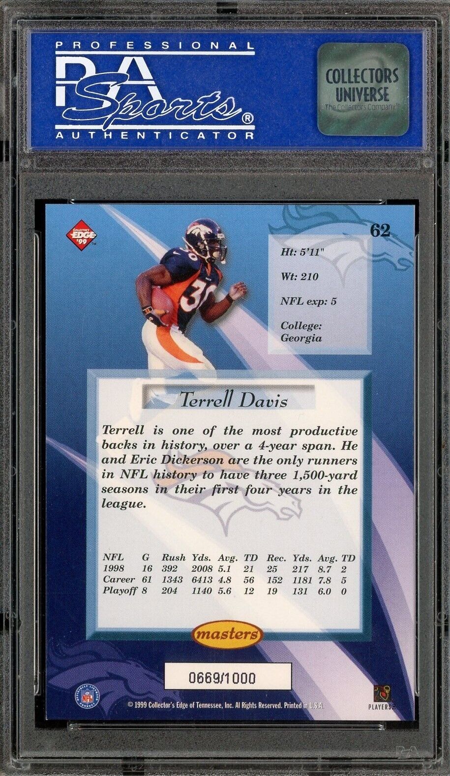 1999 Collector's Edge Masters Galvanized - Terrell Davis HOF /1000 PSA 9 - /1000